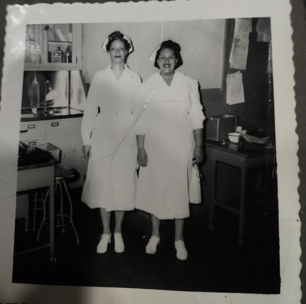 Grandma in nursing uniform, on the right